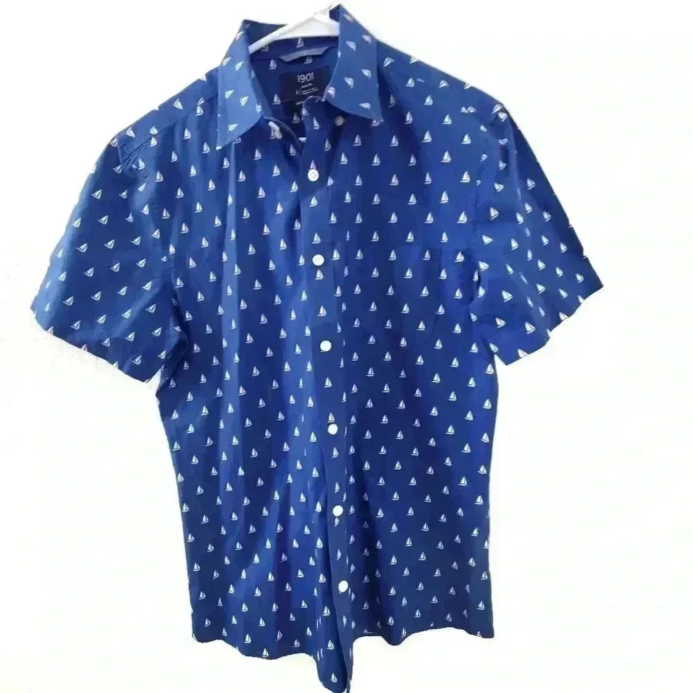 1901 Slim Fit Button‎ Shirt fairview wash Sailboat Pattern Short Sleeve Cotton